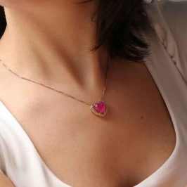 COLAR CORAÇÃO PEDRA FUSION ROSA BANHADO A OURO