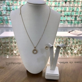 CONJUNTO REDONDO ZIRCÔNIA CORAÇÃO BANHADO A OURO