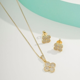 CONJUNTO TREVO ZIRCÔNIA JEWELRY BANHADO A OURO