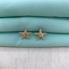BRINCO ESTRELA DUPLA EM ZIRCÔNIA BANHADO A OURO