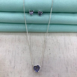 CONJUNTO CORAÇÃO AMETISTA BANHADO A PRATA