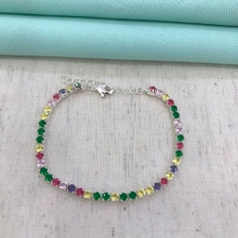 PULSEIRA RIVIERA ZIRCÔNIA COLORIDA BANHADO A PRATA