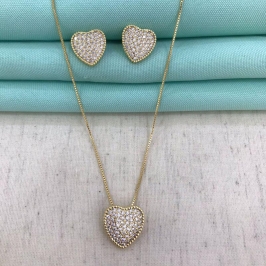 CONJUNTO CORAÇÃO ZIRCÔNIA BANHADO A OURO