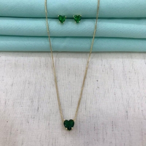 CONJUNTO CORAÇÃO ESMERALDA BANHADO A OURO