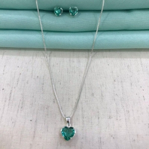 CONJUNTO CORAÇÃO TURMALINA BANHADO A PRATA