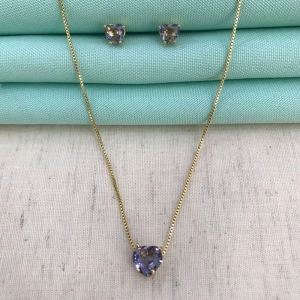 CONJUNTO CORAÇÃO LILÁS BANHADO A OURO