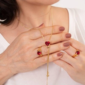 CONJUNTO GRAVATINHA CORAÇÃO RUBI BANHADO A OURO