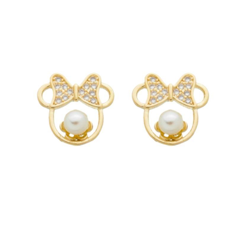 BRINCO MINNIE EM ZIRCÔNIA COM PÉROLA BANHADO A OURO