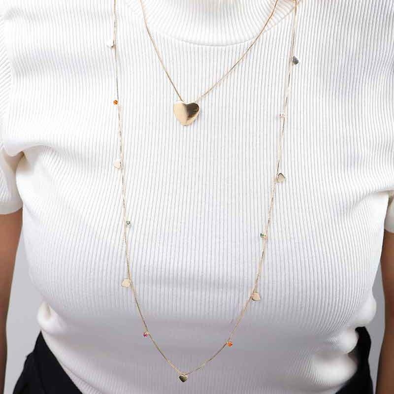COLAR LONGO CORAÇÃO PONTO DE LUZ 80CM BANHADO A OURO