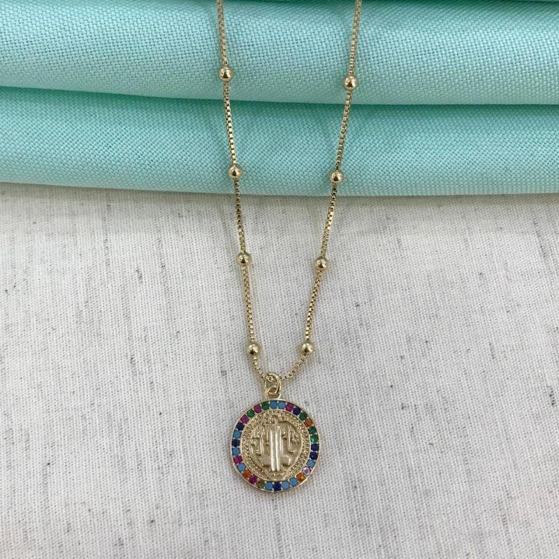 COLAR SÃO BENTO ZIRCÔNIAS COLORIDAS BANHADO A OURO