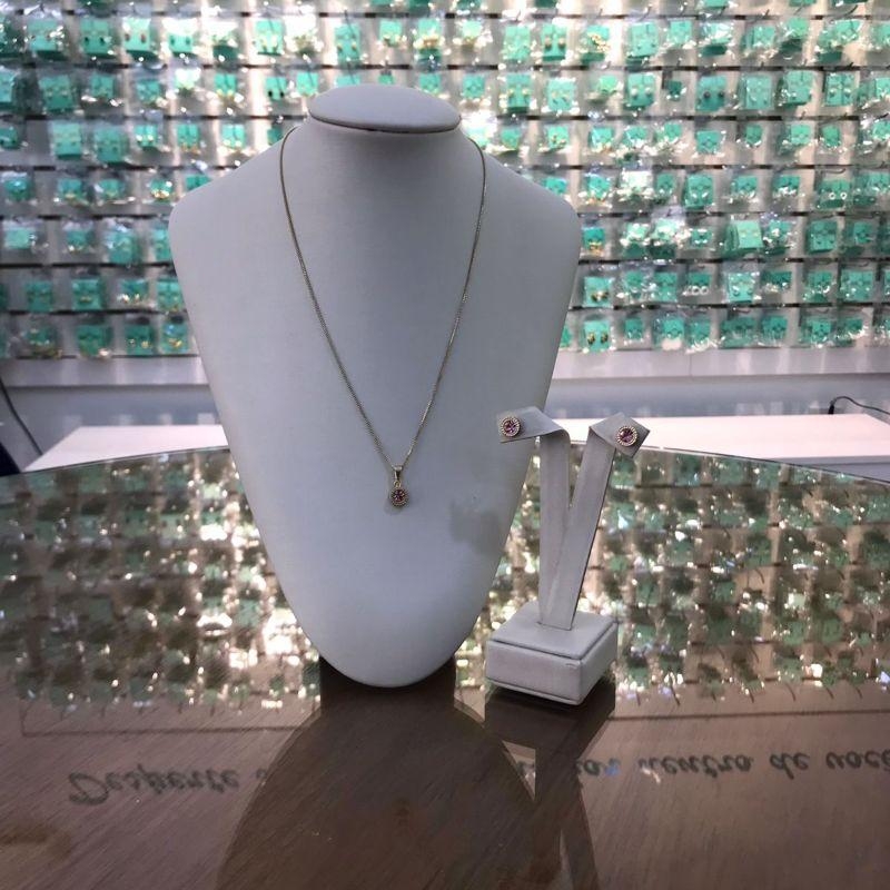 CONJUNTO RELUZ ZIRCÔNIA ROSA BANHADO A OURO