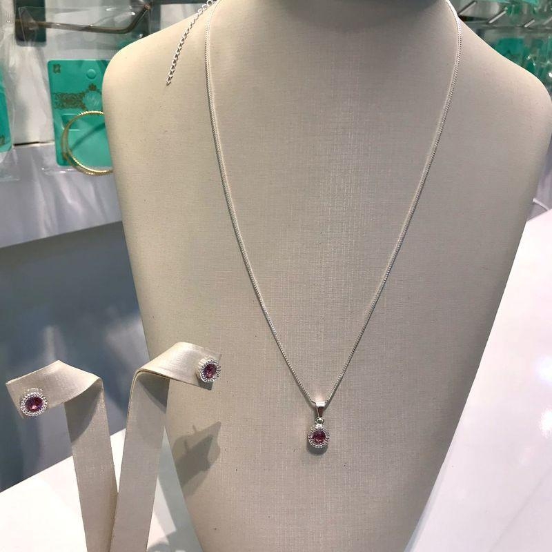 CONJUNTO RELUZ ZIRCÔNIA ROSA BANHADO A PRATA