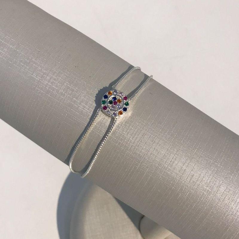 PULSEIRA DUPLA REDONDA ZIRCÔNIA COLORIDA BANHADO A PRATA