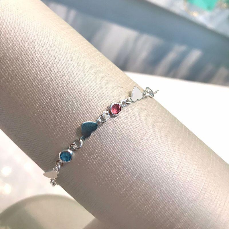 PULSEIRA MINI CORAÇÃO COM TIFFANY COLORIDA BANHADO A PRATA