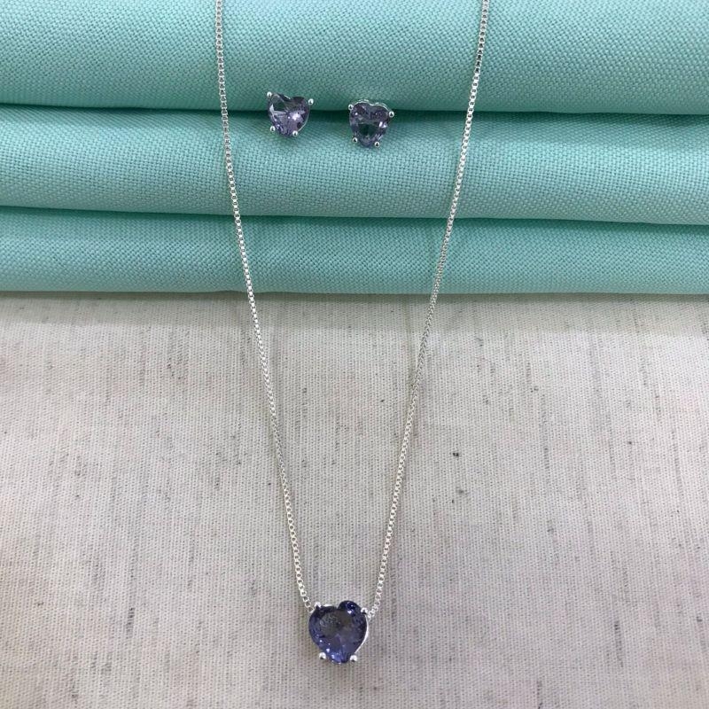 CONJUNTO CORAÇÃO AMETISTA BANHADO A PRATA