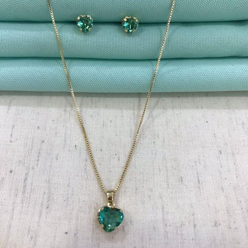 CONJUNTO CORAÇÃO TURMALINA BANHADO A OURO