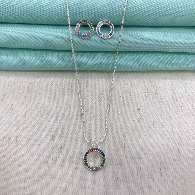 CONJUNTO VIDA ZIRCÔNIA COLORIDA BANHADO A PRATA