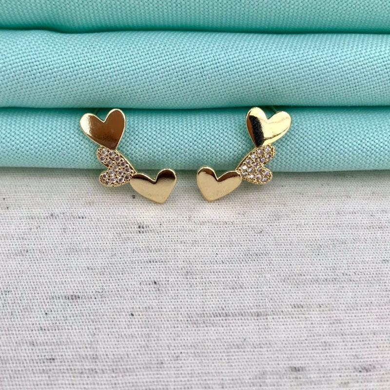 EARCUFF TRIO CORAÇÃO ZIRCÔNIA BANHADO A OURO