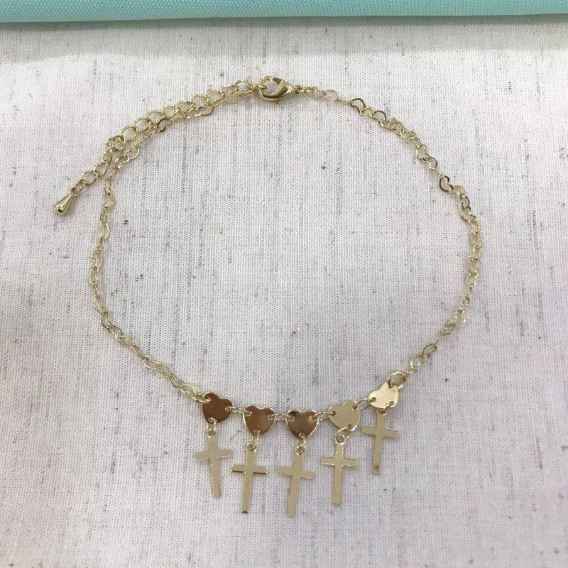 TORNOZELEIRA CORAÇÃO FÉ BANHADO A OURO