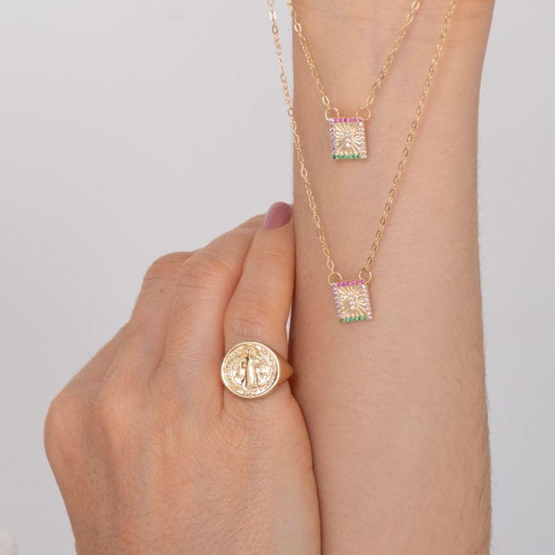 ESCAPULÁRIO CRUZ ZIRCÔNIA COLORIDA BANHADO A OURO