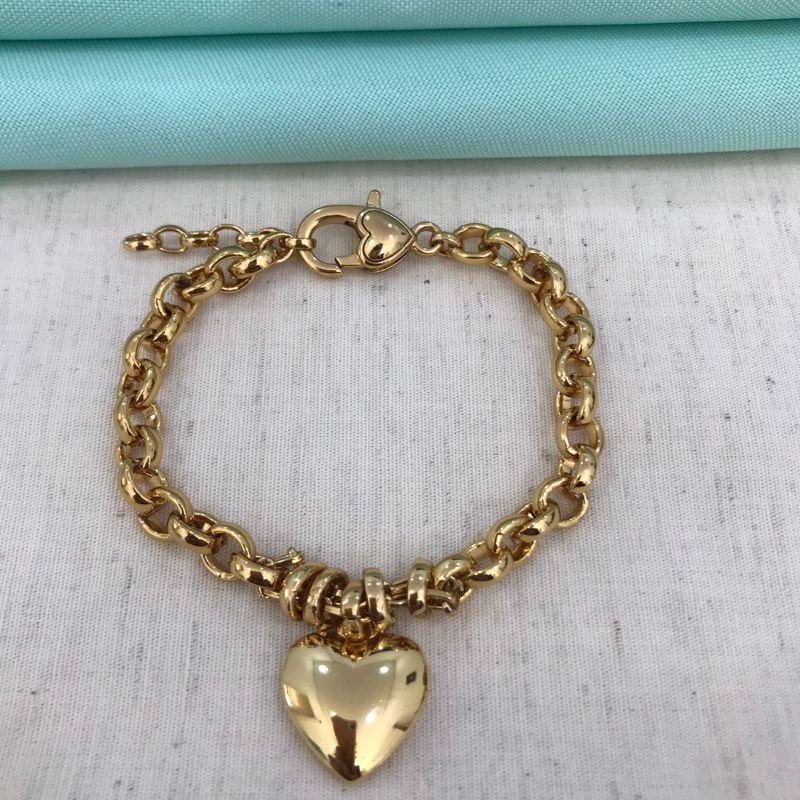 PULSEIRA ELO PORTUGUÊS PINGENTE CORAÇÃO BANHADO A OURO