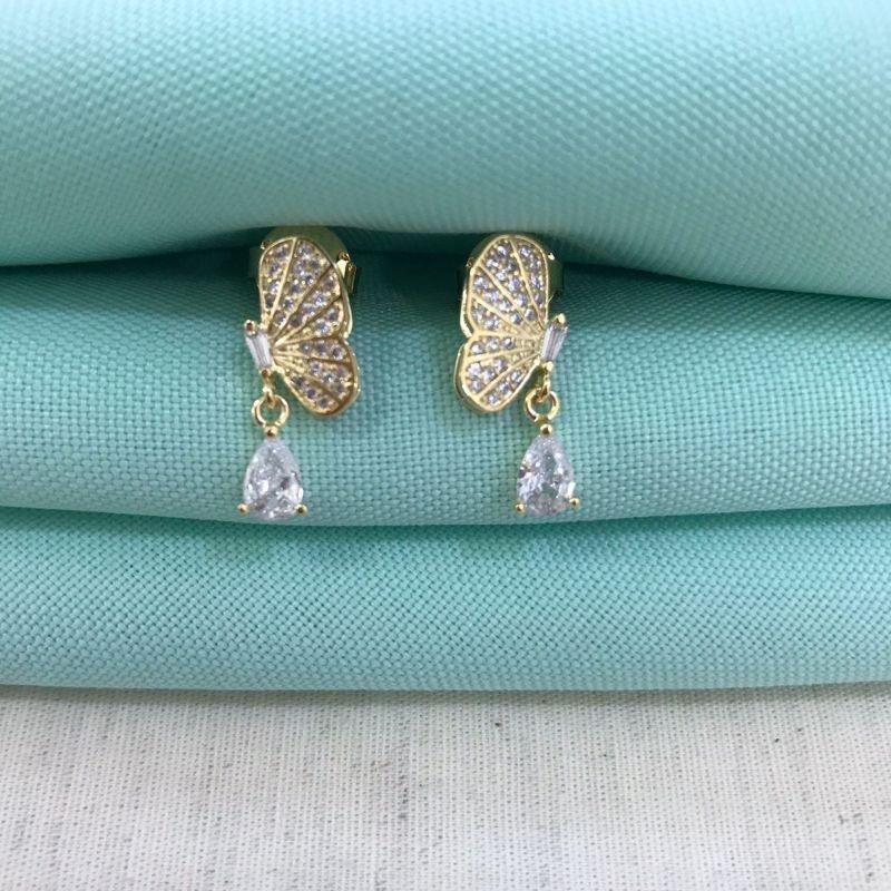 BRINCO BORBOLETA ZIRCÔNIA PONTO DE LUZ BANHADO A OURO