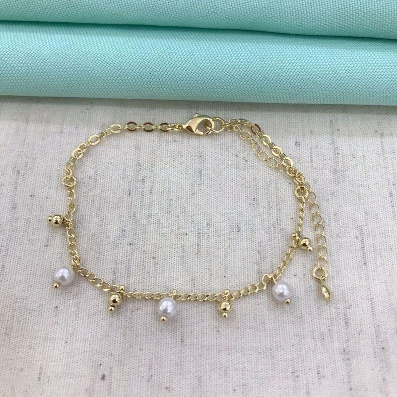 PULSEIRA PÉROLA E ESFERAS BANHADO A OURO