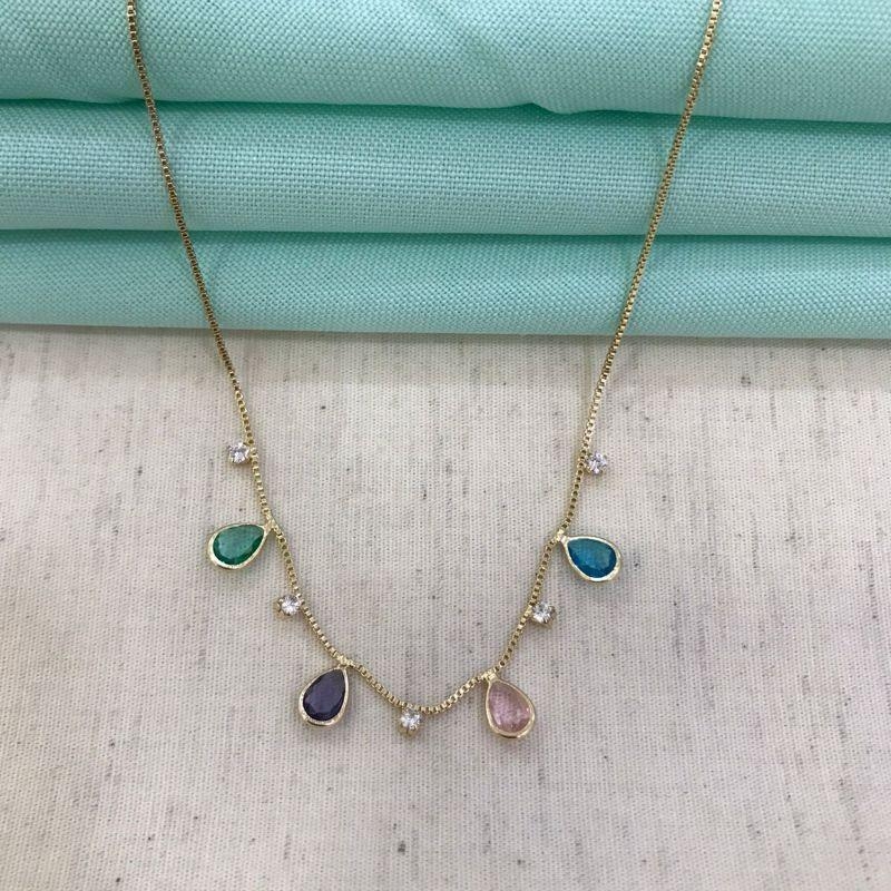 COLAR GOTAS COLORIDAS COM TIFFANY BANHADO A OURO