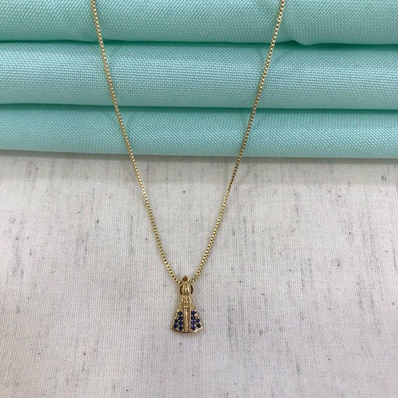 COLAR NOSSA SENHORA APARECIDA ZIRCÔNIA AZUL BANHADO A OURO