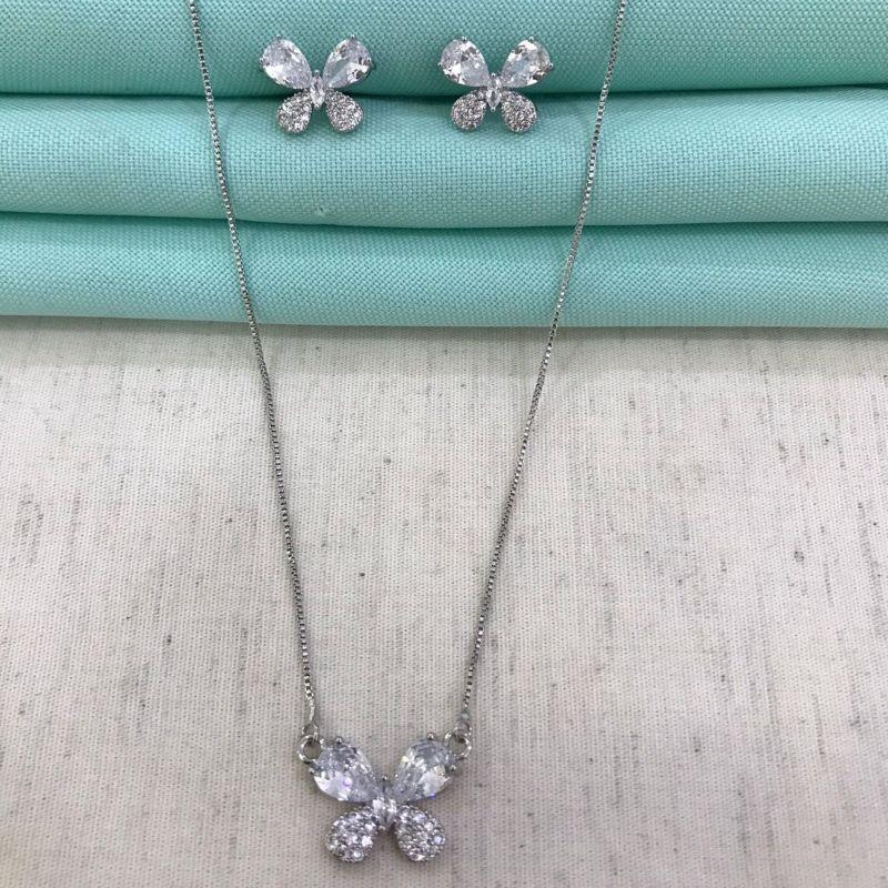 CONJUNTO BORBOLETA ZIRCÔNIA BANHADO A PRATA