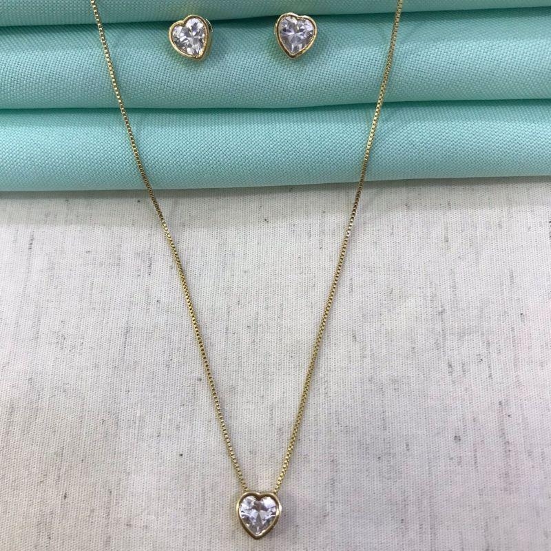CONJUNTO CORAÇÃO EM ZIRCÔNIA GLAMOUR BANHADO A OURO