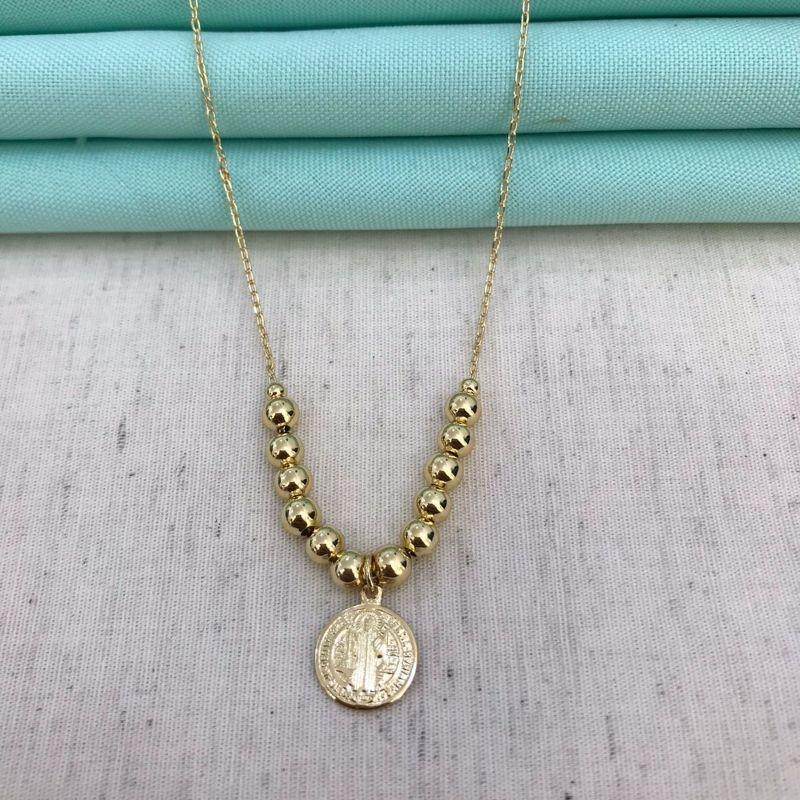 COLAR SÃO BENTO ESFERA BANHADO A OURO