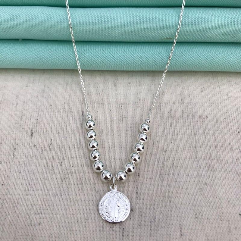 COLAR SÃO BENTO ESFERA BANHADO A PRATA