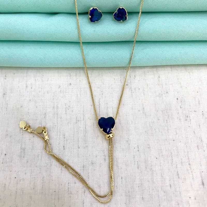 CONJUNTO GRAVATINHA CORAÇÃO AZUL BANHADO A OURO