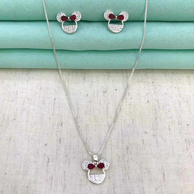 CONJUNTO MINNIE ZIRCÔNIA BANHADO A PRATA