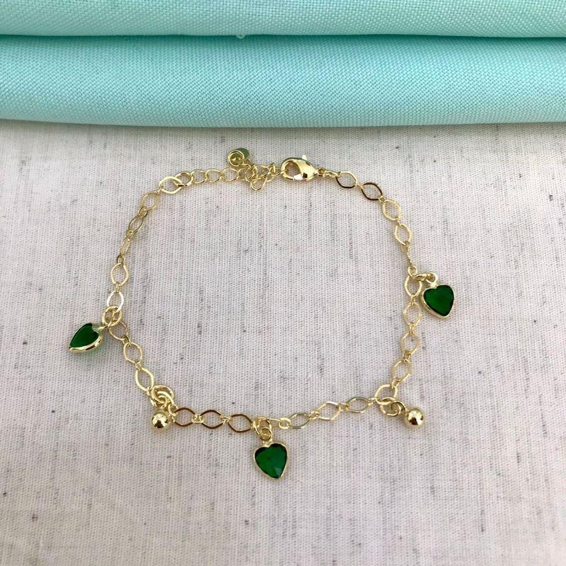 PULSEIRA PING CORAÇÃO ESMERALDA BANHADO A OURO