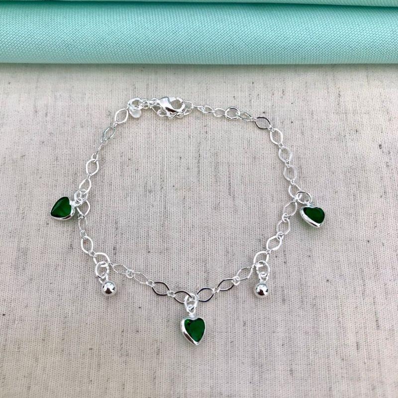 PULSEIRA PING CORAÇÃO ESMERALDA BANHADO A PRATA