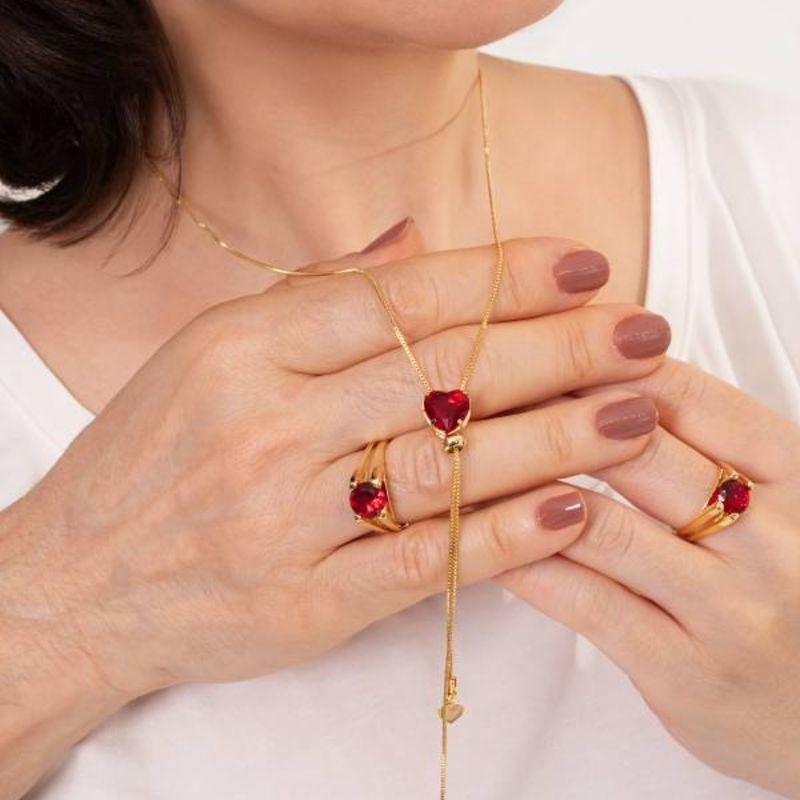 CONJUNTO GRAVATINHA CORAÇÃO RUBI BANHADO A OURO