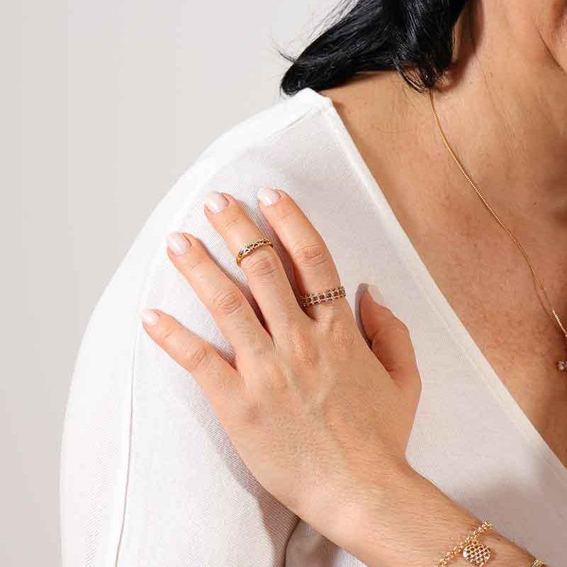 ANEL FALANGE DUPLO ZIRCÔNIA E CORAÇÕES BANHADO A OURO