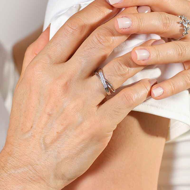 ANEL X DUPLO EM ZIRCÔNIA BANHADO A PRATA