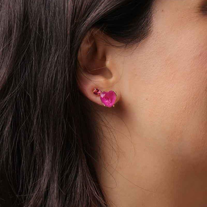BRINCO CORAÇÃO PEDRA FUSION ROSA BANHADO A OURO