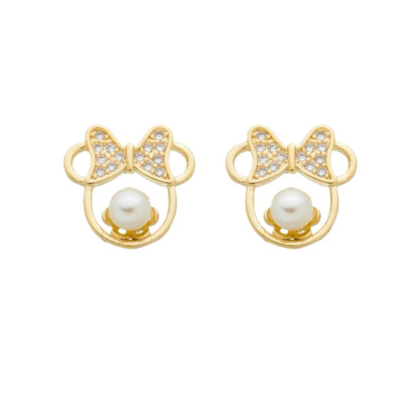 BRINCO MINNIE EM ZIRCÔNIA COM PÉROLA BANHADO A OURO