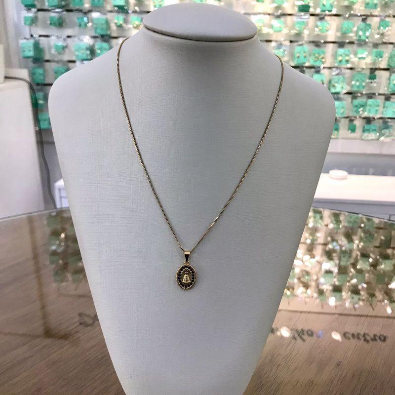 COLAR NOSSA SRA APARECIDA EM ZIRCÔNIA AZUL BANHADO A OURO