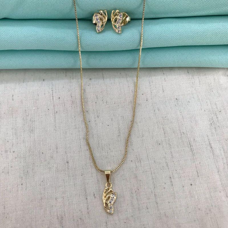 CONJUNTO BORBOLETA EM ZIRCÔNIA BANHADO A OURO