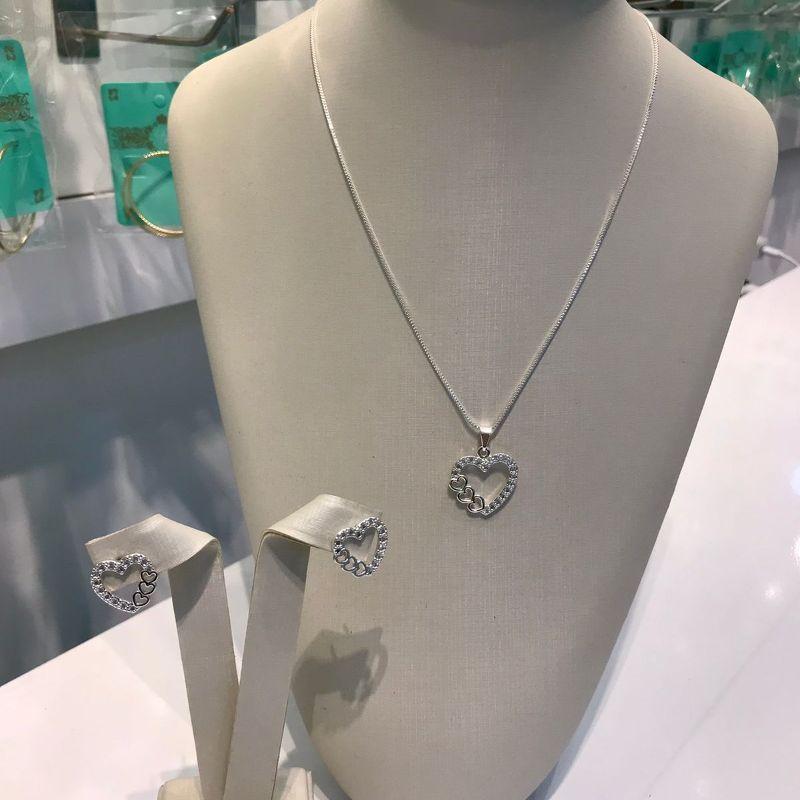 CONJUNTO CORAÇÃO ZIRCÔNIA BANHADO A PRATA