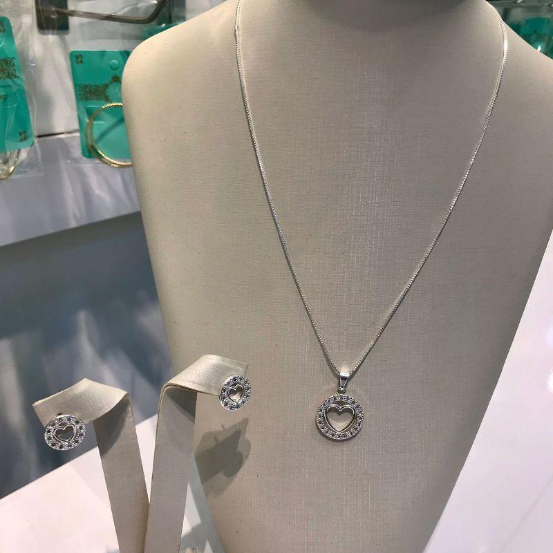 CONJUNTO REDONDO ZIRCÔNIA CORAÇÃO BANHADO A PRATA