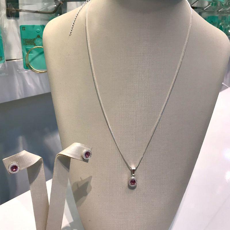 CONJUNTO RELUZ ZIRCÔNIA ROSA BANHADO A PRATA