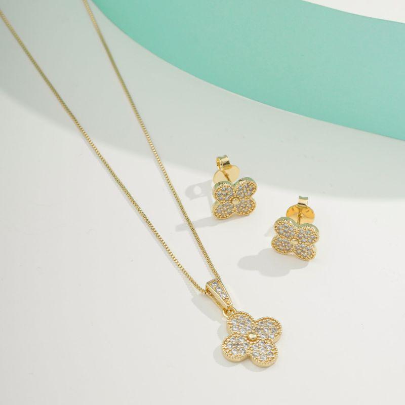 CONJUNTO TREVO ZIRCÔNIA JEWELRY BANHADO A OURO