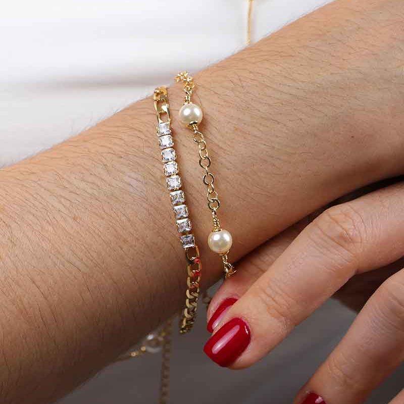 PULSEIRA DE PÉROLA DETALHES BANHADO A OURO