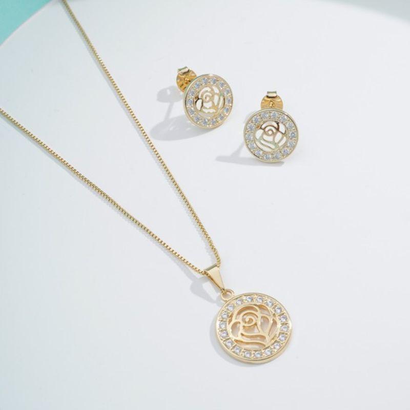 CONJUNTO MANDALA FLOR ZIRCÔNIA BANHADO A PRATA